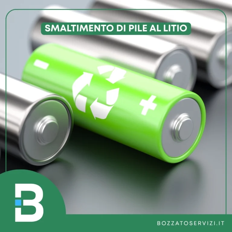 Una grafica professionale di Bozzato Servizi incentrata sullo Smaltimento di pile al litio. Mostra una batteria AA verde brillante in primo piano con un simbolo di riciclo bianco, circondata da altre batterie argentate sfocate. Il logo 'B' e il nome dell'azienda sono visibili nell'angolo inferiore sinistro, e l'URL 'bozzatoservizi.it' è nell'angolo inferiore destro. Il testo del banner in alto recita "SMALTIMENTO DI PILE AL LITIO".